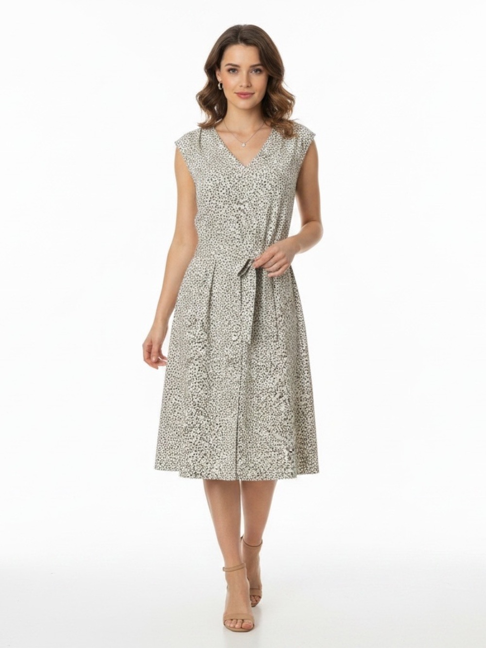 Ann Taylor Factory Cream Midi Dress with Brown Speckled Print Size M